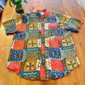 Vintage Oversized Pattern Artsy Colorful Boho Festival Hippie Colorblock Shirt.